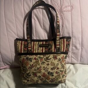 Longaberger Floral and Stripe Tote Bag - Cream and Brown